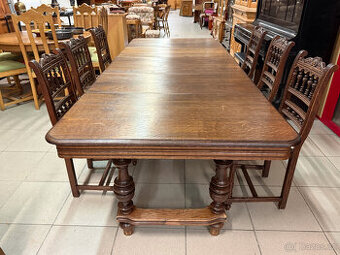 dvakrát historický set dubového stolu a šesti židlí