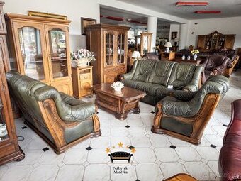 Sedací kožená souprava 3+2+1 2x el relax - kůže, dřevo