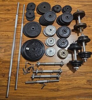 Činky jednoručky + 2 osy, závaží 120kg