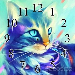 Hodiny s kreslenou kočkou modrá - diamantové malování