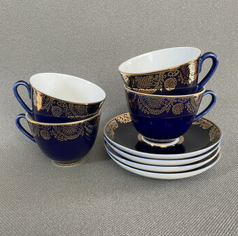 4x kobaltový šálek s podšálkem Krajka, LFZ Lomonosov