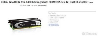 Prodám 2× RAM ADATA 2GB DDR2-800 – celkem 4 GB
