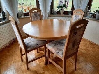 Jídelní stůl kulatý, rozkládací a 4 židle - masiv