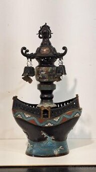 UNIKÁT-Velká starožitná cloisonné bronzová kadidelnice/lampa
