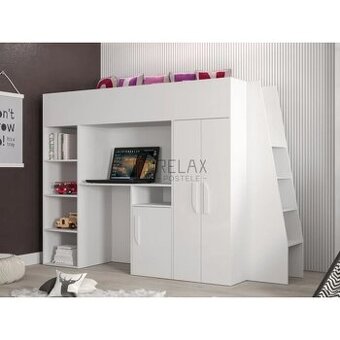 Patrová postel s PC stolem a skříní – jako nová, zvětšená pr