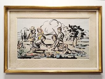 Obraz, děti na hřišti, tuš + akvarel 53x79