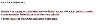 Billie Eilish Prodám 4 vstupenky na stání