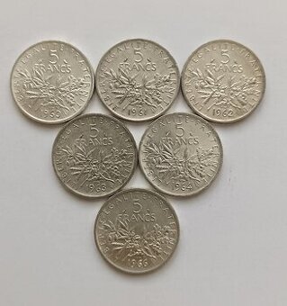 Stříbrné 5 Franky 1960,61,62,63,64,66 Francie