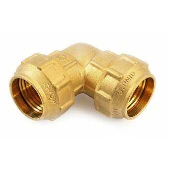 Mosazné svěrné koleno 90° pro PE trubky 63 mm