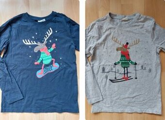 2x vánoční bavlněné tričko, modré a šedé se sobem, vel. 146