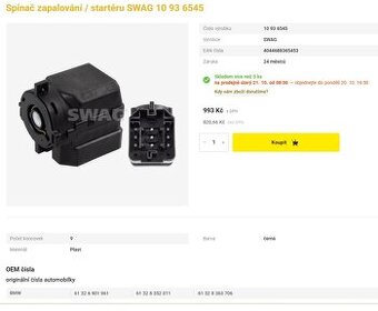spínač startéru zapalování SWAG pro BMW