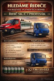 Řidič na sk. C, denní návraty, 40 - 45.000,--Kč/měs