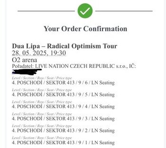Dua Lipa – 4 vstupenky, top výhled, O2 arena 28.5.