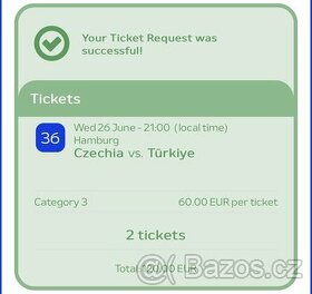 Česko - Turecko ME 2024, prodám 2 lístky