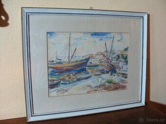 Antonín Tomek - Přístav v Sarajevu - Olejový pastel