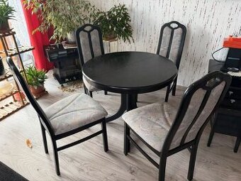 Stůl kulatý jídelní, rozkládací a 4 židle - černý