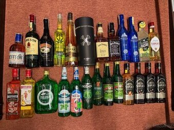 láhve Jack Daniels, Beefeater, Heffron, zelená