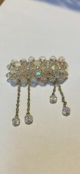 Retro dobová štrasová brož s ověsy duhové krystaly