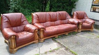 Kožená sedací souprava 3+1+1s dubovým masivním dřevem