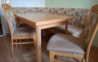 Lavice rohová, rozkládací jídelní stůl a 2 židle