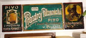 Pivní sklo, půllitry, třetinky, pivovarské cedule, tácky.