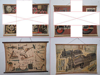 2x Starý školní výukový plakát technika parní turbína fyzika