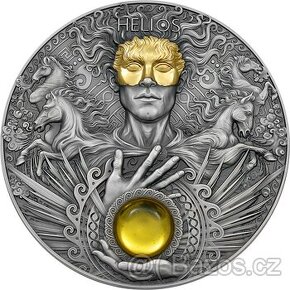Stříbrná pozlacená mince Božské tváře Slunce - Helios 3 Oz A