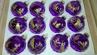 Skleněné retro ozdoby koule12ks fialové zlacená krajina