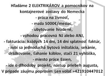 Hľadáme 2 ELEKTRIKÁROV na kontajnerové zostavy do Nemecka