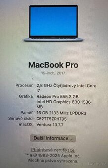 Macbook Pro, 2,8GHz, i7, 16GB RAM, 256 GB SSD, 15", 2017
