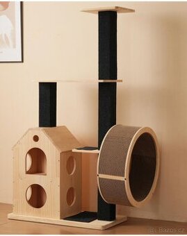 Škrabadlo s běhacím kolečkem a domečkem pro kočky