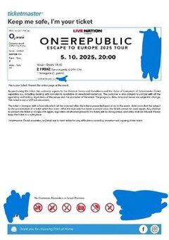 ONEREPUBLIC – Escape to Europe 5.10.2025 – 4x vstupenka