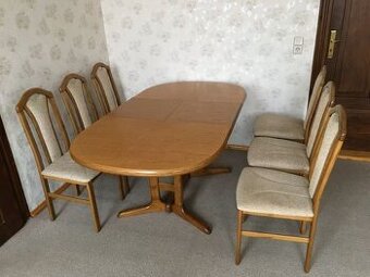Stůl jídelní rozkládací a 6 židlí - masivní