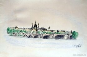 Boh.Ptáček: Hradčany, kolorovaná perokresba