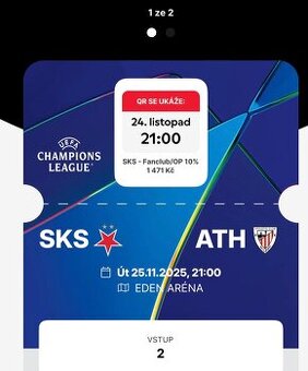 Prodám vstupenku Slavia - Bilbao