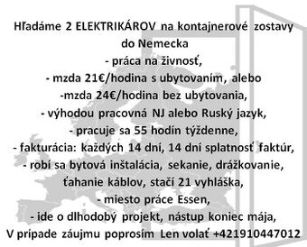 Hľadáme 2 ELEKTRIKÁROV na kontajnerové zostavy do Nemecka