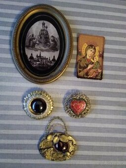 3x stará historická Brož a svaté obrázky.