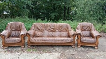 Kožená sedací souprava 3+1+1 s masivním dřevem