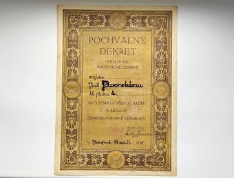 Pochvalný dekret čs. armáda 1935 Dělostřelecký pluk 4 Josefo