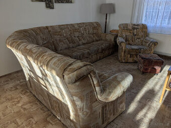 Rohová sedací souprava L + Křeslo a Taburet