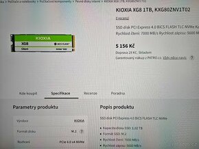 SSD M.2 KIOXIA XG8 1TB, KXG80ZNV1T02 ČTENÍ: 7000 ZÁPIS: 5600