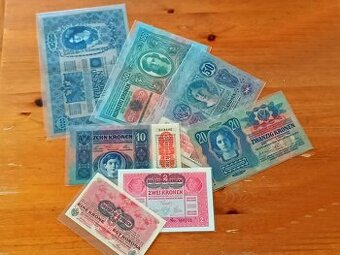 Bankovky Rakousko-Uherska(1000, 100, 50, 20, 10, 2,1 koruna)