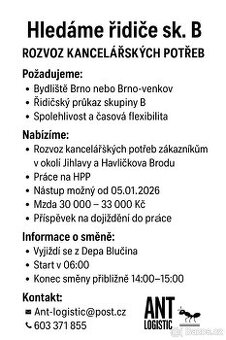 Práce Řidič B - Rozvoz kancelářských potřeb