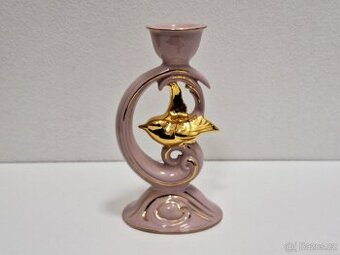 Růžový porcelán - Chodov- svícen zlacený