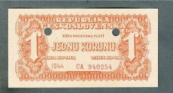 Staré bankovky 1 koruna 1944 VZÁCNÁ perforace, bezvadný stav