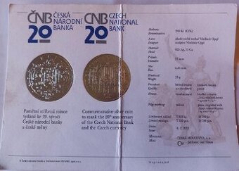 Stříbrná mince pamětní s certifikátem, 20. výročí ČNB
