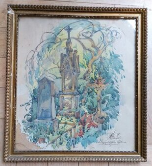 akvarel - Jan Rafael Schuster - Staroměstský hřbitov v Č. Bu