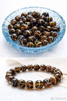 Designové skleněné korálky 15 mm – hnědo-zlatý dekor