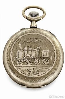 Staré švýcarské kapesní hodinky, obrovské, s lokomotivou