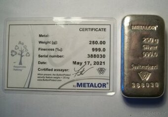 250g investiční stříbrný slitek | Metalor